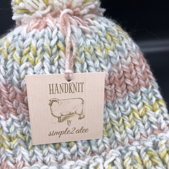 CHUNKY Ribbed Double Strand Hand Knit Marble Roll Cuff Pom Beanie Hat main image 2
